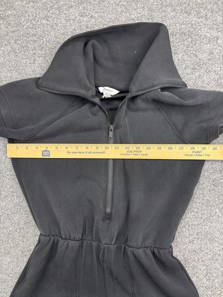 Romper Spanx Feminino Pequeno Preto Meio Zíper Manga Curta Bolsos de Pescoço Simulado Raglan - Imagem 3 de 4