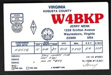 Scheda radio CB QSL "W4BKP,Jerry,87,Augusta Co.,3905 Century Club",Virginia (Q9190)