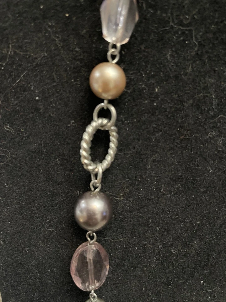 Premier Designs Silver Tone Necklace Pink Beads & Pearls Multi Link Modern - Image 2 of 4