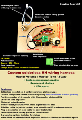 Master Volume/Master Tone/3-way Solderless HH Wiring Harness + CUSTOM SPACING   