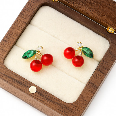 Red Cherry Stud Earrings Green Leaf Gold Tone - Dainty Fruit Studs S925 Post