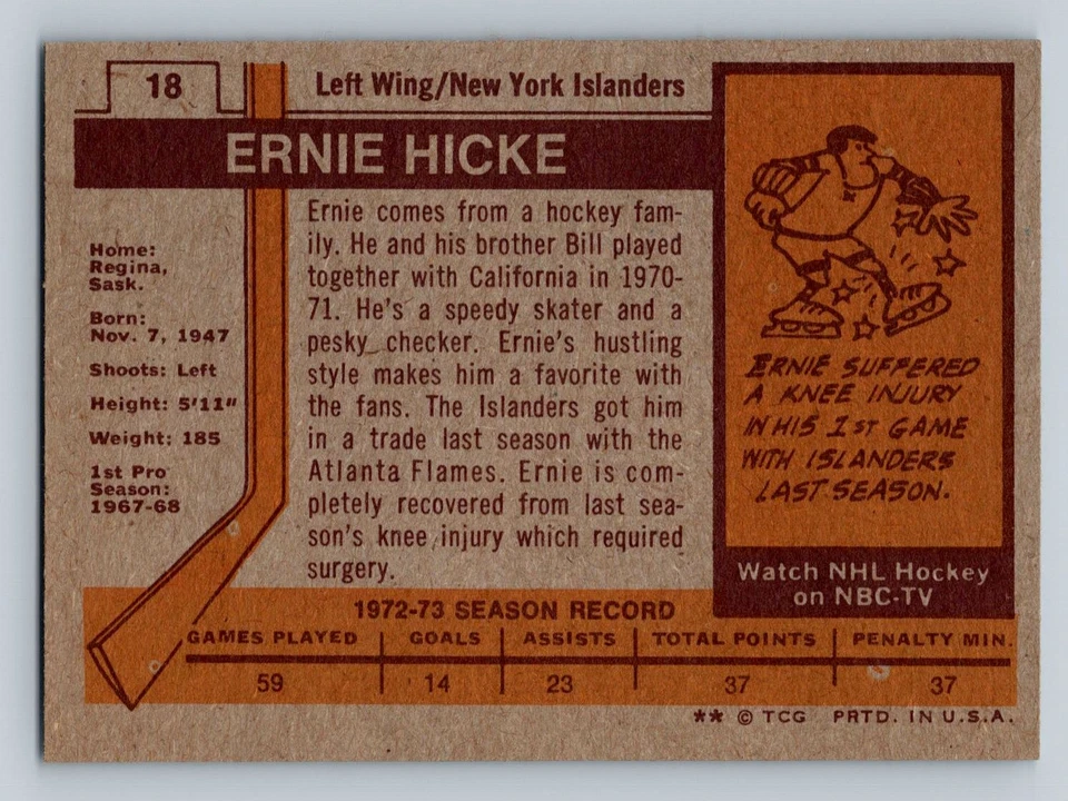 1973-74 Topps #18 Ernie Hicke New York Islanders - NM - Image 2 of 2