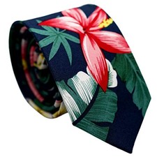 Cotton Floral Tie for Men, Skinny Flower Necktie for Wedding, Party, Navy Aloha
