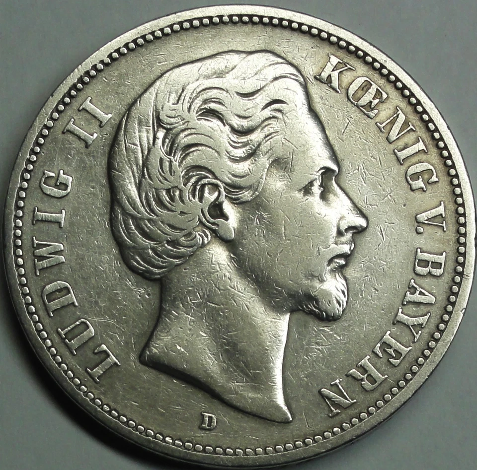 Königreich Bayern 5 Mark 1874 D König LUDWIG II. ss-vz/ vf-xf mit Etui - Bild 2 von 4