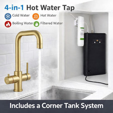 Brushed Gold 4-in-1 Instant Boiling Water Hot Kitchen Tap - Corner Tank