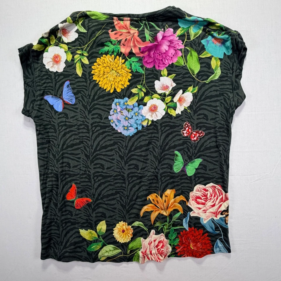 JOHNNY WAS Women's Medium Butterfly Floral Zebra Print Short Sleeve Top - Image 4 of 4