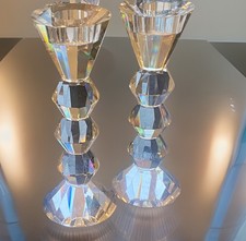 Pair of Crystal Geometric Art Deco Style Faceted Candlestick Holders 7W x 21CM H