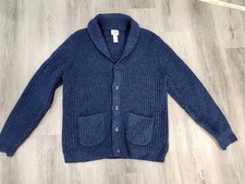 LL BEAN Lambswool Sweater Large Cardigan Navy Chunky Knit Vintage Button Up