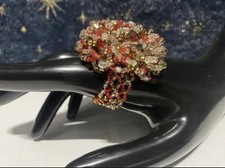 Red & Clear Glass/Plastic Beaded Cluster Cocktail Ring, Gold Tone, Universal