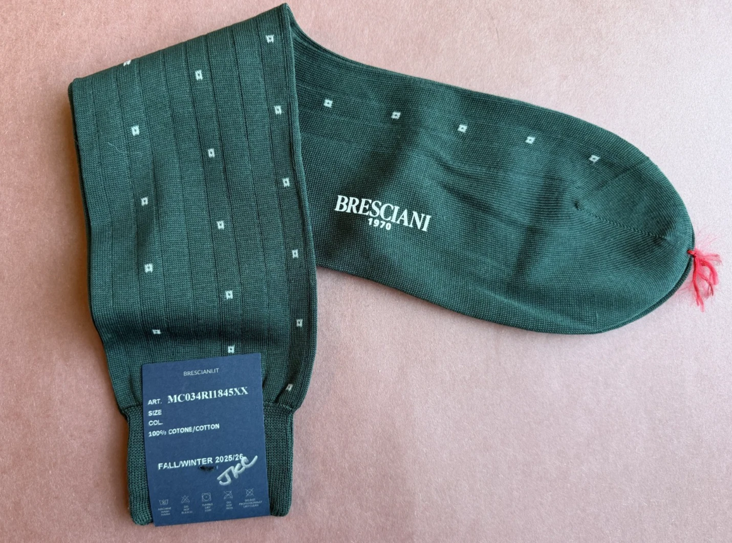 Fall/Winter 2025/26 Men's Bresciani Socks NWT Green w/White Squares Cotton