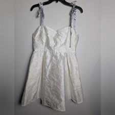 Rihoas Dress W Pockets White Jacquard Floral Gray Ribbon Straps Sweetheart Sz M