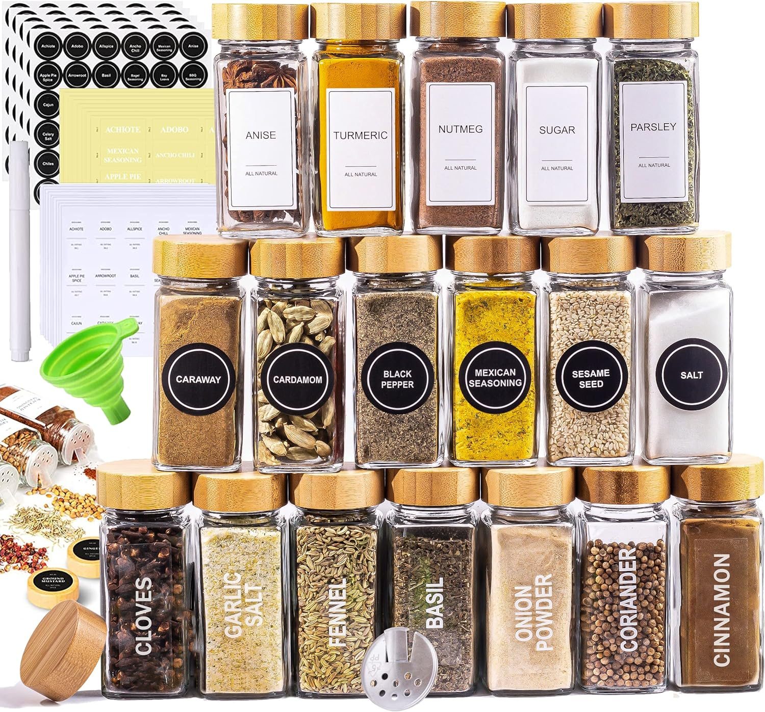 Glass Spice Jars with Bamboo Lids, Labels & Funnel for Airtight Kitchen Storage