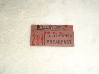 Ringling Brothers Barnum & Bailey Circus 1930s Elephants Breakfast Rare Ticket