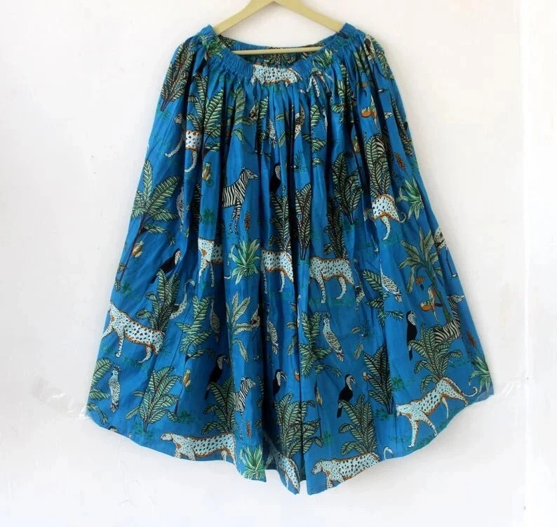 Indian Sky Blue Forest Handmade Cotton Long Skirt Women Clothing Partywear Skirt