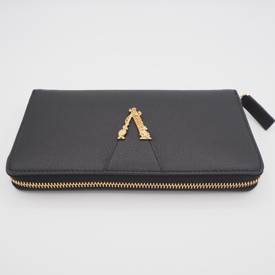 【関税&送料込み】Versace Long Wallet With Logo VERSACE Long Wallet Grain Leather Round Zip Baroco Letter V