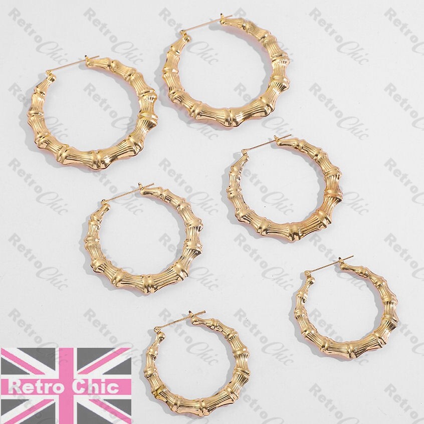 BAMBOO metal GOLD FASHION HOOP retro EARRINGS big/medium HOOPS 5cm/6cm/7cm  UK