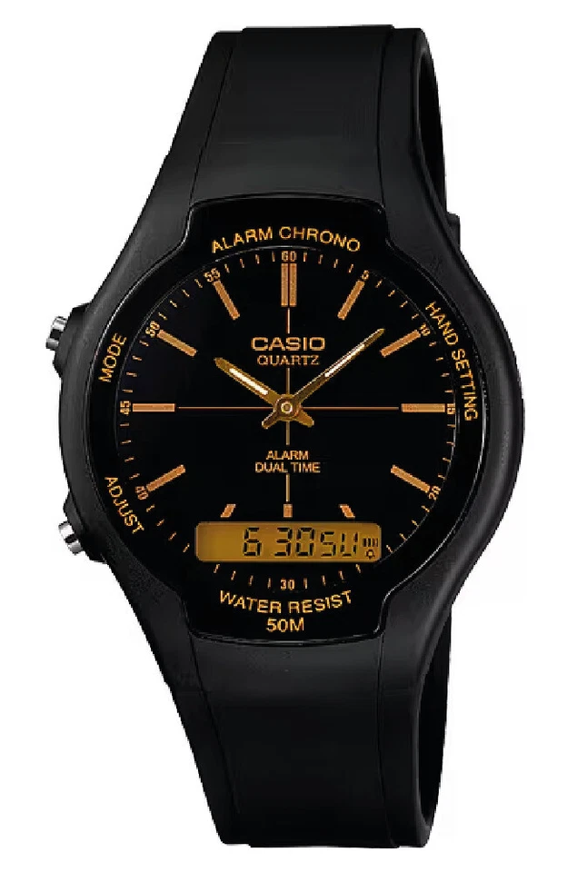 OROLOGIO CASIO AW-90H-9E ANALOGICO DIGITALE GOMMA NERO AMBRA AW90 IMP. 50 m - Immagine 2 di 2