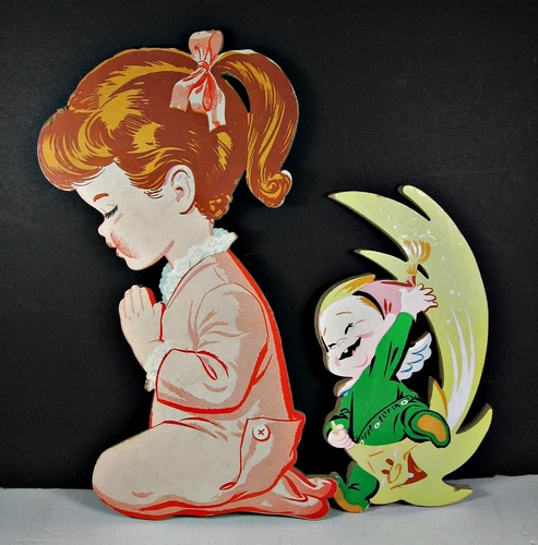 Vintage PRAYING GIRL &  BABY Riding a SHOOTING STAR Wall Hangings Decor Nursery