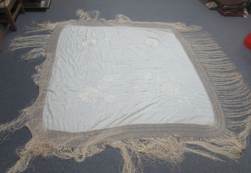 Antique Chinese Phoenix Piano Shawl Hand Embroidered Silk 50" x 50", 19" Macrame