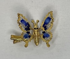 Vtg Hair Clip Blue Bead Butterfly Moveable Wings Trembler Gold Tone New NOS