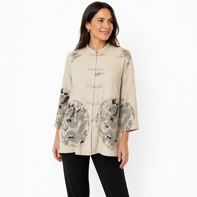 Citron Santa Monica Silk Blouse Size XL Ivory Dragon Print  Toggle Buttons Top