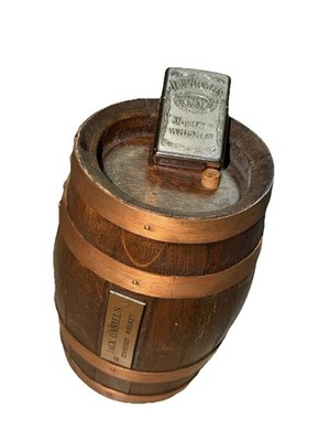 Vintage Miniature Jack Daniels Wooden Barrel and Jack Daniels Zippo Lighter Set