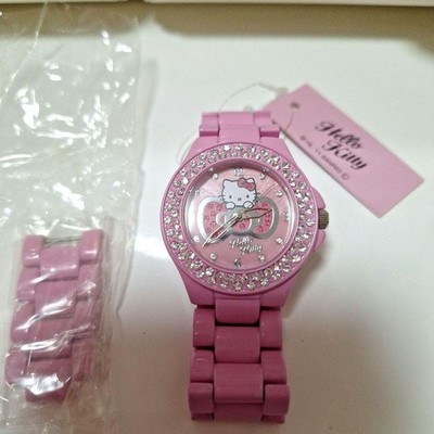 Hello Kitty Quartz Wristwatch Pink Rhinestone Bow Accent New with Tag