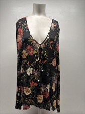 Farm Rio Trillium Blouse Long Sleeve Stretch Jersey Knit Floral Top Black Large