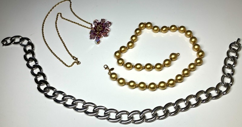 Vintage 3 Monet Gold Silver Chain Aurora Borealis Dangle Beads Pendant Necklace