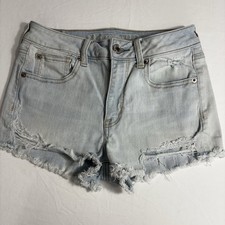 American Eagle Women  s Hi Rise Shortie Distressed Light Wash Denim Shorts Size 4