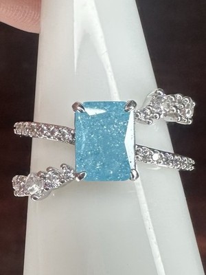 Bomb Party Ring- 6453- Lab Created Aqua Ice Crystal- Size 7- Rhodium Plated