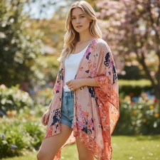 Bohemian Kimono Floral Print Orange and Pink One Size