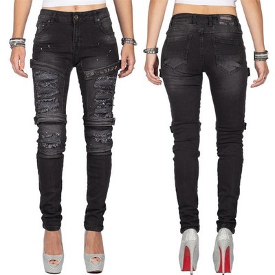 Cipo & Baxx Women Black Jeans Slim-Fit Stone Washed Paint Splatters Distressed