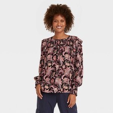 Knox Rose Paisley Blouse Shirt Top Black Pink Long Sleeve Boho XS NWT