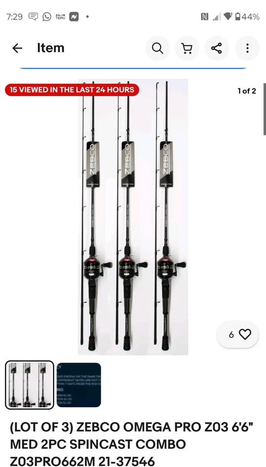 (LOTE DE 3) ZEBCO OMEGA PRO Z03 6'6" MED 2 PIEZAS SPINCAST COMBO Z03PRO662M 21-37546 Foto 2 de 3