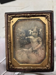 1/4 Plate Antique 1850s Cute Twins Uniform Boy Daguerreotype Photo Gold Frame