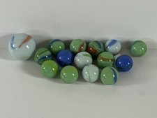 VTG Glass Marble Lot 15 Green Blue White Swirl 14 Standard Opaque 1 Shooter