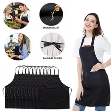 Bulk Black Bib Aprons Unisex Commercial Apron w/ Pockets for Kitchen Restaurant
