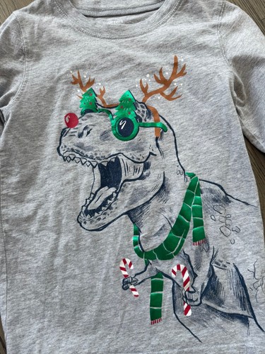 EUC Carter's Boys Gray T Rex Dinosaur Christmas Long Sleeve T Shirt Size 7 - Picture 2 of 3