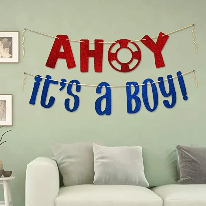 Letrero de pancarta náutico Ahoy Its A Boy para baby shower bebé niño rueda decoración de fiesta Foto 2 de 4