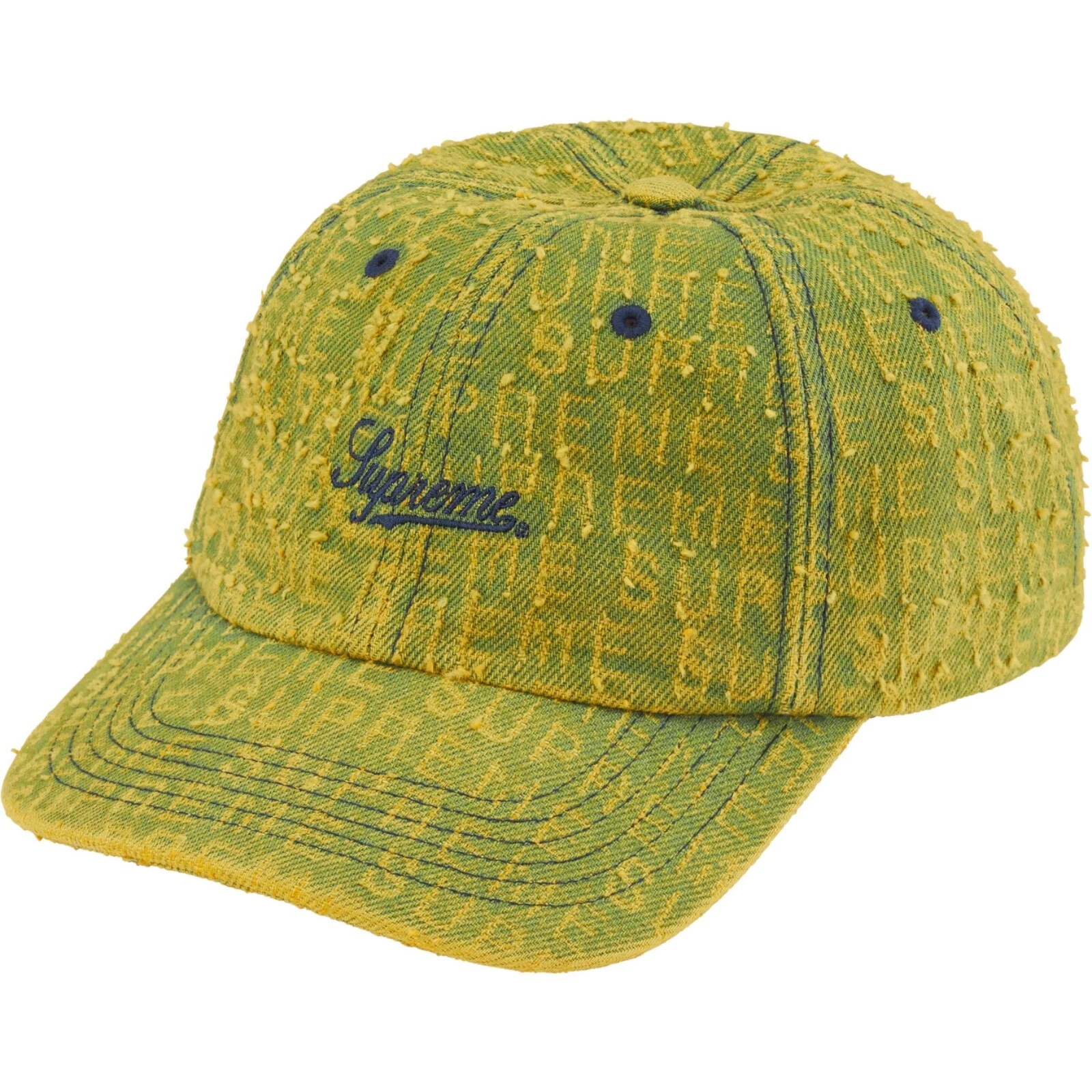 Chapeau Supreme Needle Punch Denim 6 panneaux « jaune lavé » casquette suprême neuf DSWT rare