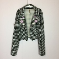 KNIT WORKS Girl's Black  White Gingham Motor Crop Jacket Sz 14 Embroidered A2