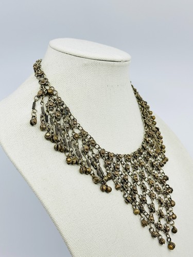 Vintage Beduoin Bib Necklace 3 Tier Bells Flowers Mesh Brass Hook Closure Estate - Picture 3 of 9