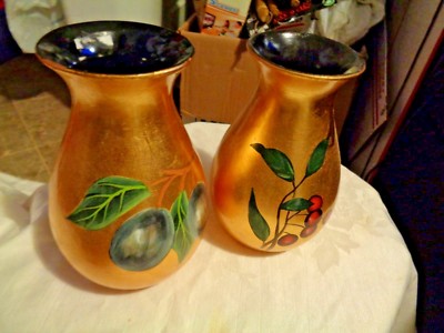 Formalities By Baum Bros Set Of 2 Gold Tone Vase Cherry & Plum Design Christmas