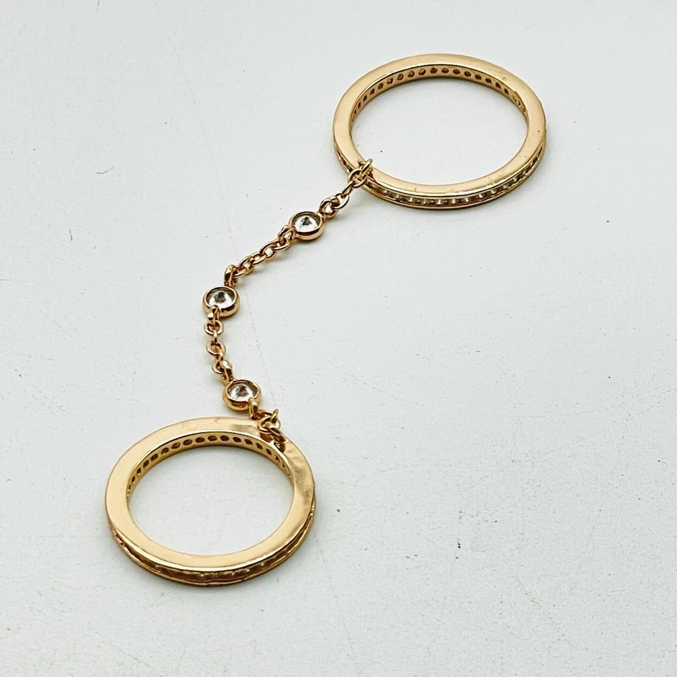 Anillos Doble Dedo Tono Oro Rosa Estrás Transparente Conexión Cadena Apilable Foto 3 de 4