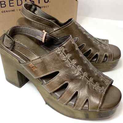 Bed Stu Fontella taupe platform wood sole slingback sandals size