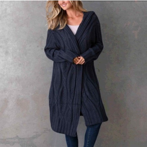 navy cable knit hooded button up swing coat