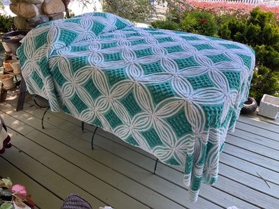 Turquoise White Geometric plush NU vint chenille bedspread throw fresh 90''x100''