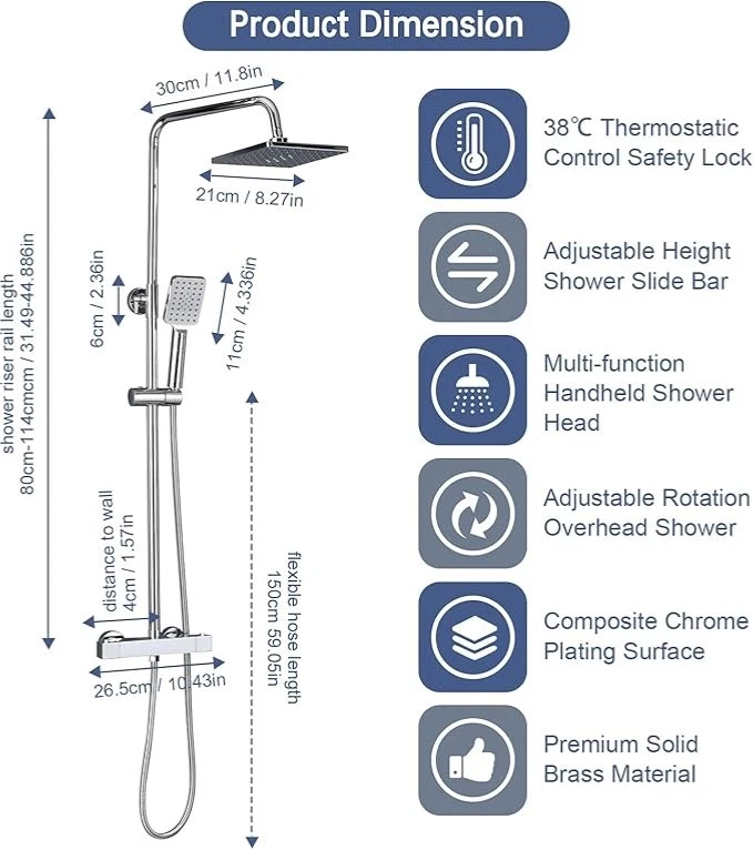 Duschsystem mit Thermostat 38℃ Regendusche mit Thermostat Duscharmatur Chrom - Bild 3 von 4