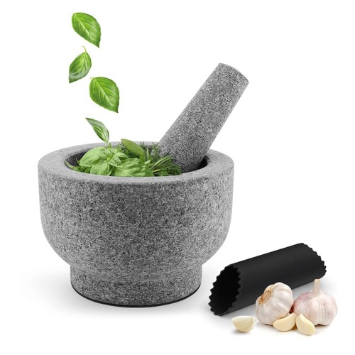 Granite Mortar and Pestle Set, 2 Cup Molcajete Stone Grinding Bowl, Thai Herb...